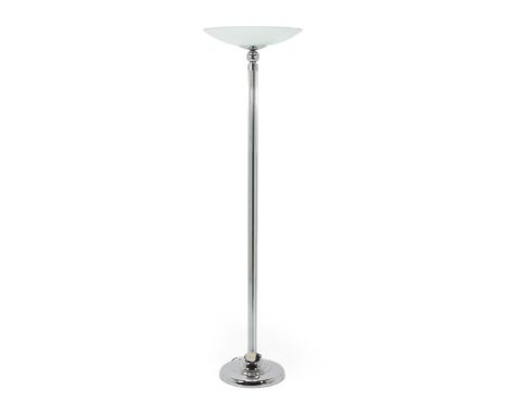 A Contemporary Art Deco Style Chrome and Pillar Glass Uplighter Floor Lamp, with frosted glass shade, on a clear pillar class