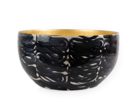 Jonathan Wade (Contemporary): A Ceramic Bowl, the exterior with blue brush work decoration in panels, with a gilt interior, b