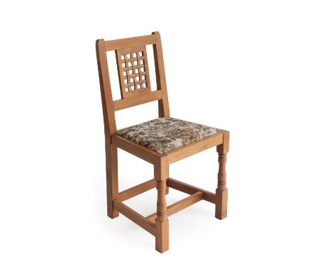 Cat and Mouseman: A Lyndon Hammell (Harmby): English Oak Lattice Back Chair, tapestry seat, on turned front legs, with recess