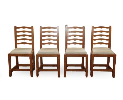 Cat and Mouseman: A Set of Four Lyndon Hammell (Harmby) English Oak Ladder Back Dining Chairs, re-upholstered drop-in seats, 