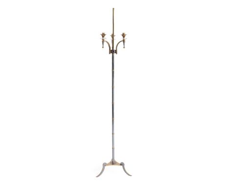 Maison Jansen (Attributed to): A French Brass and Gun Metal Floor Lamp, circa 1960's, with three lights on a reeded column, t