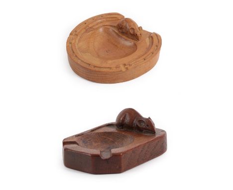 Workshop of Robert Mouseman Thompson (Kilburn): An English Oak Horse Shoe Ashtray, with carved mouse trademark, 12cm; and Ano