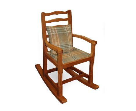 Cat and Mouseman: A Lyndon Hammell (Harmby) English Oak Ladder Back Rocking Chair, drop-in seat, on two fluted front legs, wi