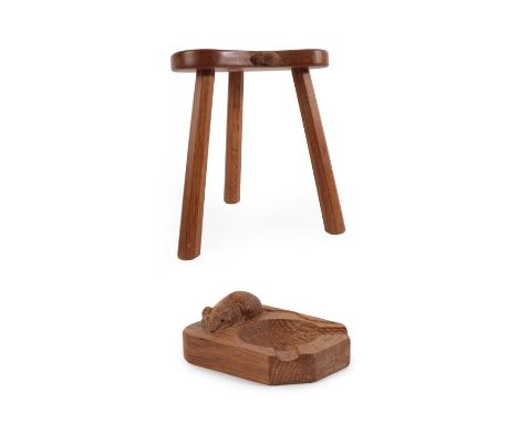 Workshop of Robert Mouseman Thompson (Kilburn): An English Oak Calf Stool, post 1970, the kidney shaped seat on three octagon