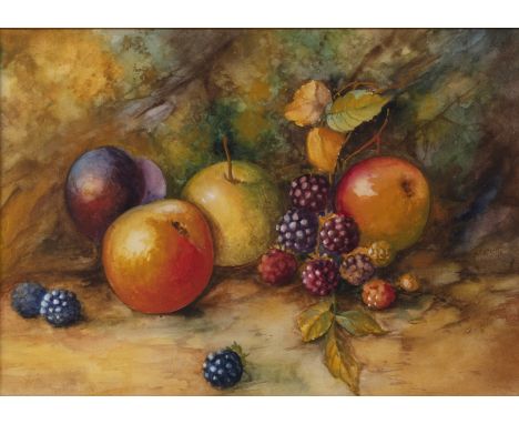 H. Everett (20th century)Still life of fruit on a mossy bank, and companion, both signed, watercolour (a pair), 17.5 x 25cm. 