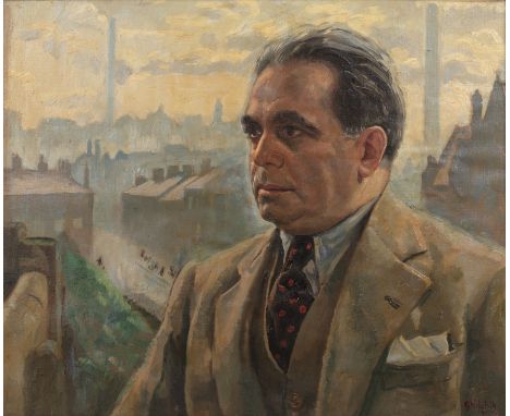 David Louis Ghilchick (1892-1974)Portrait of gentleman before an industrial town, signed 'Ghilchik' and dated '51, oil on can