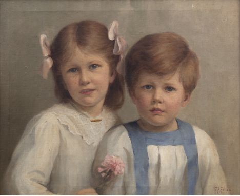 Florence Ada Fuller (Australian, 1867-1946)Portrait of a young girl and boy, she with pink ribbons to her hair, and holding a