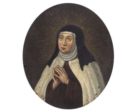 Cuzco school (18th century)Portrait of a Saint at prayer, oil on copper with finely engraved armorial crest verso, the wooden