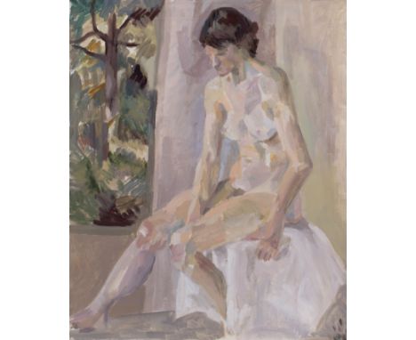 Attributed to Betty Blandino (1927-2011)Female nude study, oil on canvas, 60.5 x 50cm (unframed), together with a pencil and 