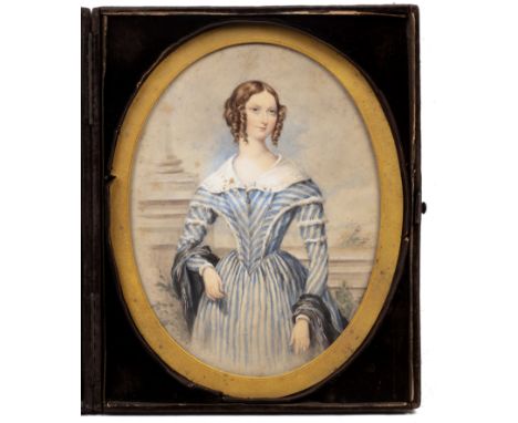 English school (19th century)Portrait of a lady, with ringlets to her hair and wearing a blue striped dress, watercolour, 19 