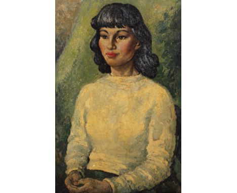 British school (20th century)Portrait of a seated woman, with clasped hands, oil on board, 74 x 49cm