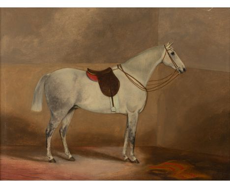 Follower of John Frederick Herring (1795-1865)Portrait of a saddled grey mare in a stable, oil on panel, 45.5 x 61cm Faintly 