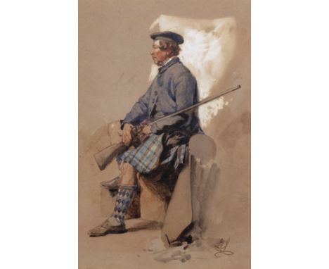 Sir Edwin Landseer RA (1802-1873)'Resting', a Highland sportsman seated upon a rocky outcrop with his rifle, signed with mono