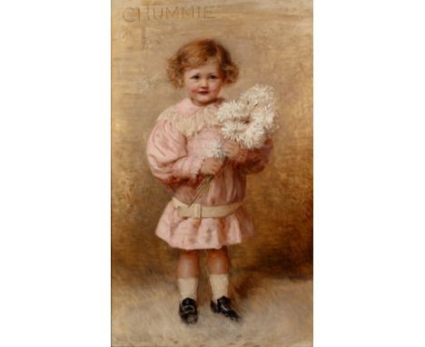 Edith M. S. Scannell (1870-1921)'Chummie' aged 3; portrait of a young girl standing with a bunch of white flowers, wearing a 