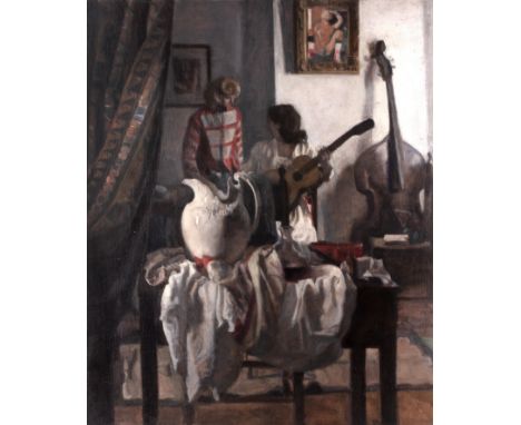 George Weissbort (1928-2013)Musicians - interior scene with woman playing guitar, oil on canvas board, 65 x 54cm (unframed)