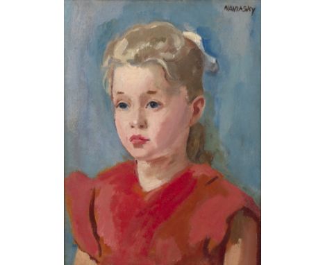 Philip Naviasky (1894-1983)Portrait of Julie, a young girl in a red dress, signed, titled verso, oil on board, 39.5 x 29.5cm