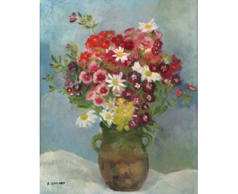 R. Somogy (20th century)Still life - summer flowers in an earthenware vase, signed, oil on board, 44.5 x 36.5cm  There are a 