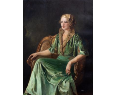 Richard von Marientreu (1902-1991)Portrait of a lady, seated and wearing a green dress, signed, inscribed and dated 1930, oil
