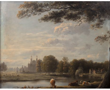 Circle of Edmund Bristow (1787-1876)Eton College from the Thames, oil on panel, 21 x 26.5cm  The panel has a convex/outward b