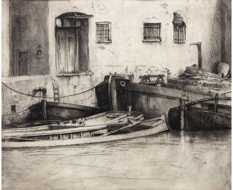 Circle of James Abbot McNeil Whistler (1834-1903)Boats moored at a wall, etching, 16 x 19cm