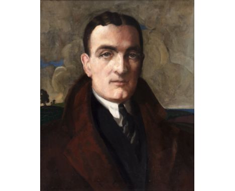 Anna Zinkeisen (1901-1976)Portrait of a gentleman wearing a jacket and tie, in a landscape, signed and dated 1925, oil on can
