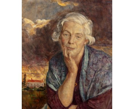 George Warner Allen (1916-1988)Portrait of Mrs Jarrett, resting her chin on her right hand before Sotwell House, signed and d