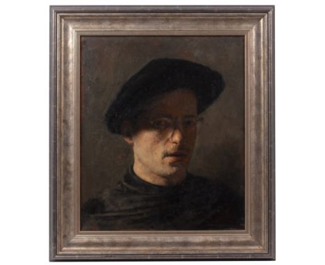 George Weissbort (1928-2013)Portrait of the artist wearing a black beret, signed, oil on board, 44.5 x 37cm