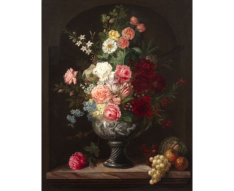 Manner of Ambrosius BosschaertStill life - roses, tulips and other flowers in a stone vase, on a marble shelf before an alcov