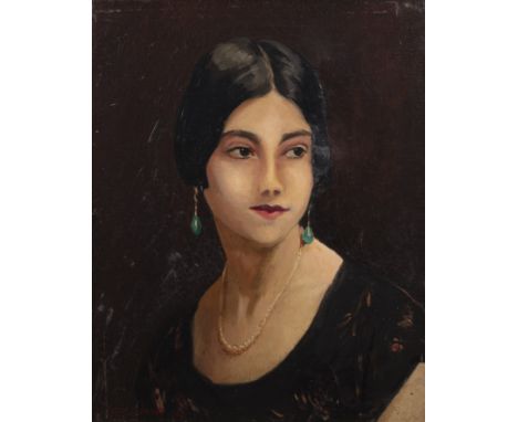 Philip Naviasky (1894-1983)Portrait of a young lady, with jade drop earrings, signed and dated 1928, oil on canvas, 49.5 x 39