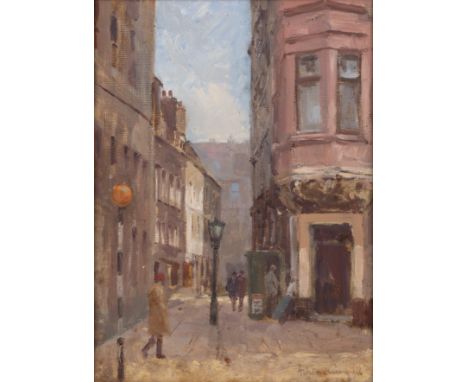 Edward Ashton Cannell (1927-1994)Figures in a street with lamp post, signed, oil on board, and one further by the same hand -