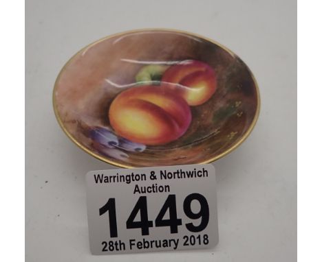 Royal Worcester signed Fallen Fruits pin dish D: 7 cm  CONDITION REPORT: There is evidence of a small chip with bad repair to