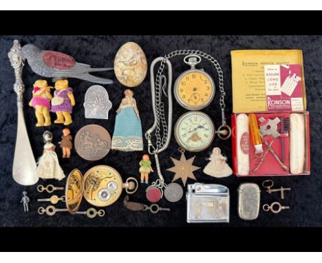 Interesting Bag of Collectables. Includes Ronson tin, Pocket Watches, Pin Cushion In the Shape of a Bird, Mosda Streamline Li