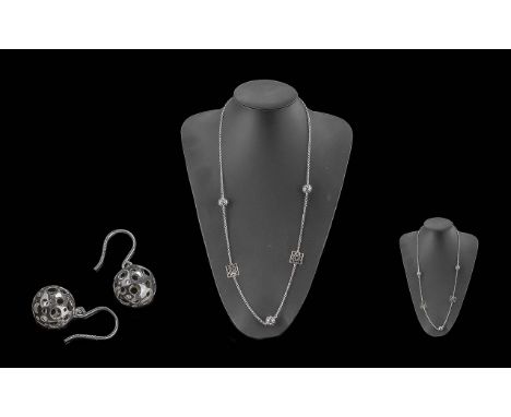 Liisa Vitali Finnish Vintage Silver Jewellery by famous designer.  28'' long Lace &amp; Ball design necklace with matching ba