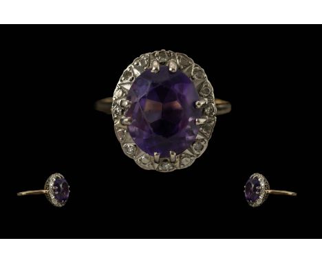 Ladies 14ct Gold Amethyst &amp; Diamond Set Ring marked 14ct gold to interior of shank.  The large faceted Amethyst of excell