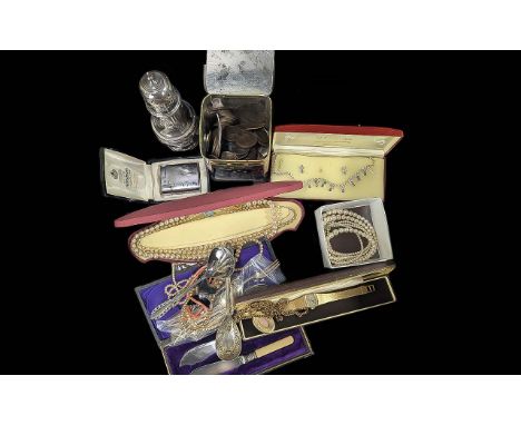 Box of Collectables, Includes Pearls, Coins, Sugar Shaker ( Silver Plate ) Ronson Lighter In Box etc.