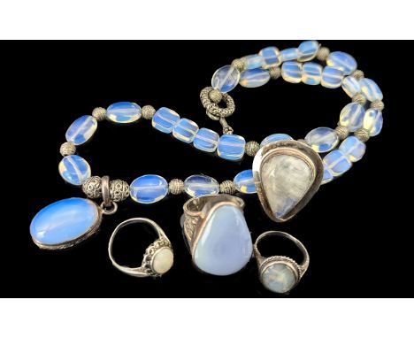 Collection of Silver &amp; Moonstones &amp; Opals Jewellery. Comprises Quality Necklace and Various Rings ( 4 ) 3 x Moonstone