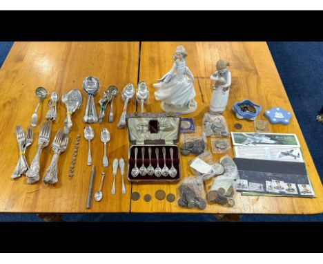 Box of Misc Items. Includes Silver Plate Cutlery, Coins, Wedgwood, Nao Figures, Royal Air Force Stamps etc.