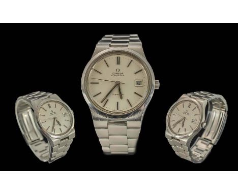 Omega Geneve Gents Stainless Steel Automatic Wrist Watch, circa 1970's, features Just-Date display window, silver mark dial, 