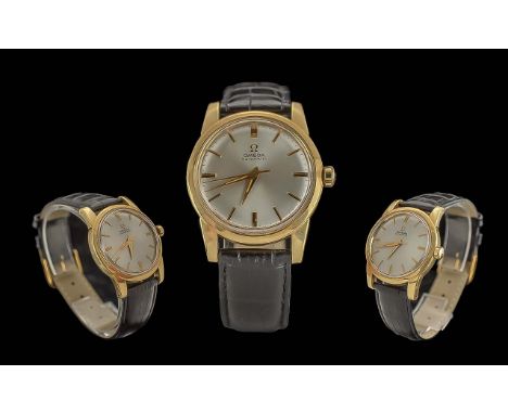 Omega - Automatic Gents 18ct Gold Cased Wrist Watch. Features Pearl Coloured Dial, Gold Markers, Seconds Sweep, Du Monde 1954