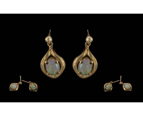 Ladies 9ct Gold &amp; Opal Set Drop Earrings, Approx Weight 2.5 grams, Approx Length 1.5 cms, For Pierced Ears.