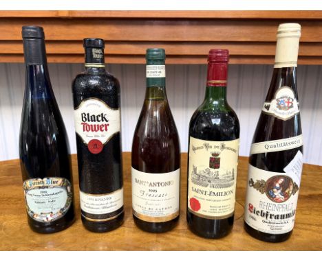 Five Vintage Bottles of Wine, comprising 2005 Frascati, Saint-Emilion, 1998 Black Tower, 1986 Liebfraumilch, and 1986 Blue Bo