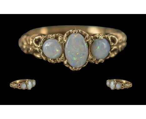 Antique Period Ladies Attractive / Petite 9ct Gold 3 Stone Opal Set Ring, Marked 9ct to Interior of Shank. The Well Matched O