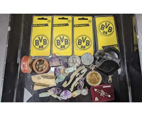 Collection of Assorted Collectables. Includes Sportsman Tie Pin, Assorted Rocks, BVB Magnots, Star Trek Pocket Watch, Collect