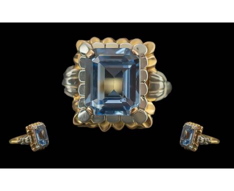 Ladies 18ct Gold Two Tone Single Stone Aquamarine Set Dress Ring, Marked 18ct to Interior of Shank. The Step-cut Aquamarine o