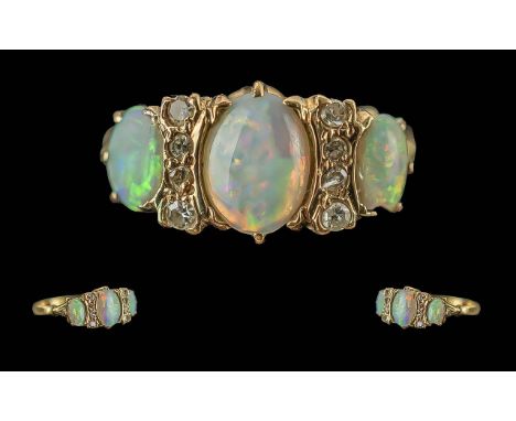 Antique Period Excellent Quality Ladies 18ct Gold Opal and Diamond Set Ring, Raised Open work Setting, Full Hallmark to Inter