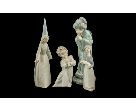 Four Lladro Figures, comprising Girl with a Pointed Hat, Cherub playing a horn, Girl with a piglet, and Oriental girl praying