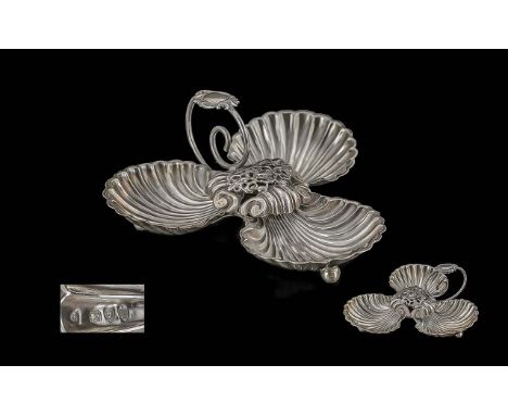 Victorian Period 1837 - 1901 Fine Quality Sterling Silver Ornate Tripod Shell Dish of pleasing proportions, hallmark London 1