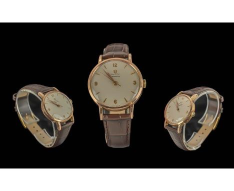 Omega Gents Excellent 14ct Gold Cased Manual Wind Chronometer Wrist Watch. c.1950's. Features Gold Markers, Hands, Cream Colo