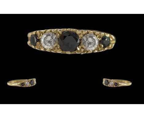 Antique Period Ladies 9ct Gold Diamond and Sapphire Set Ring, Raised Pave Setting, Full Hallmark to Interior of Shank. Ring S