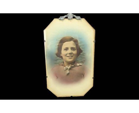 Vintage Painting - Watercolour Under Glass, depicting a young smiling girl circa 1930/40's, with a decorative finial top and 